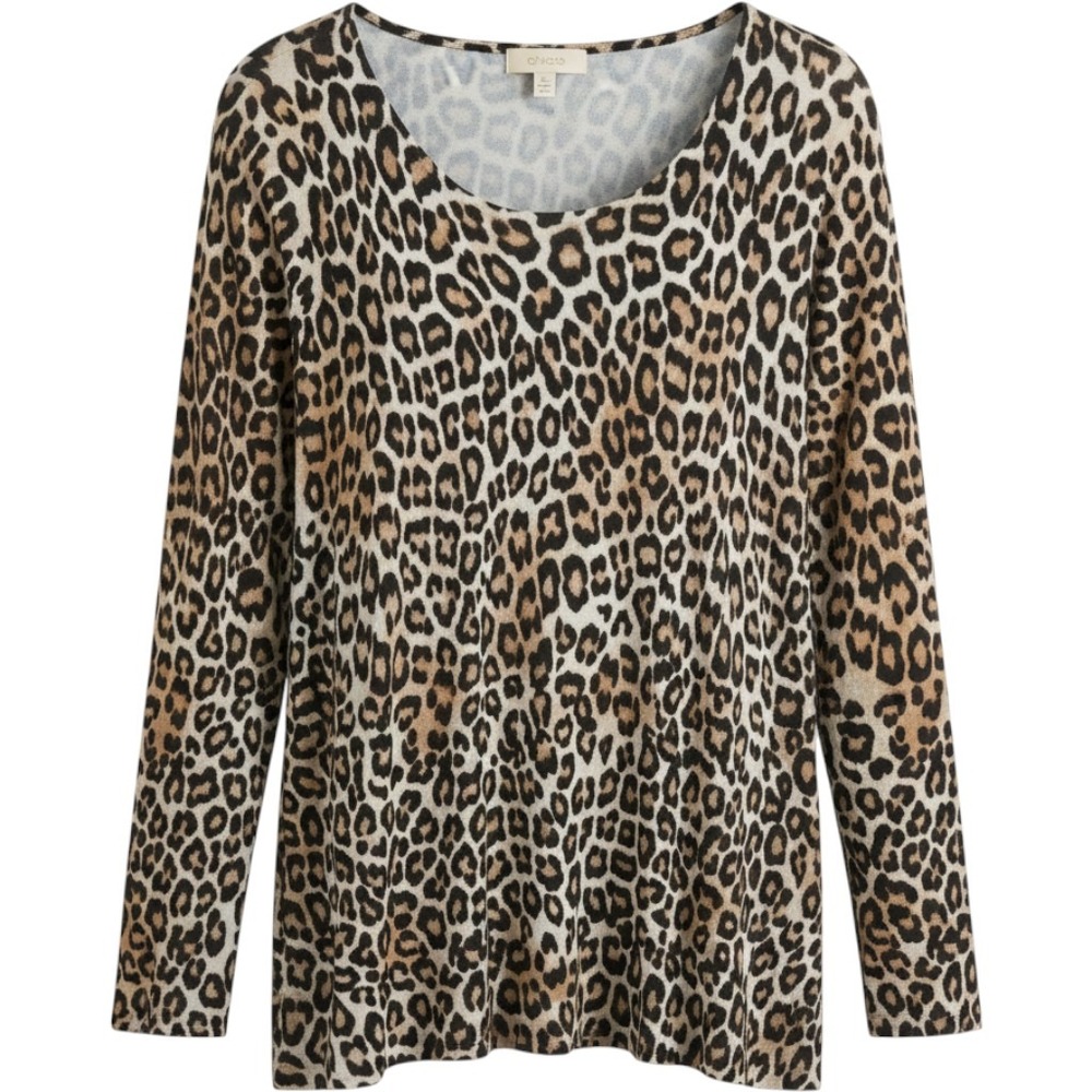 Chicos Scoop Neck Leopard Print Knit Pullover Top Womens XL
